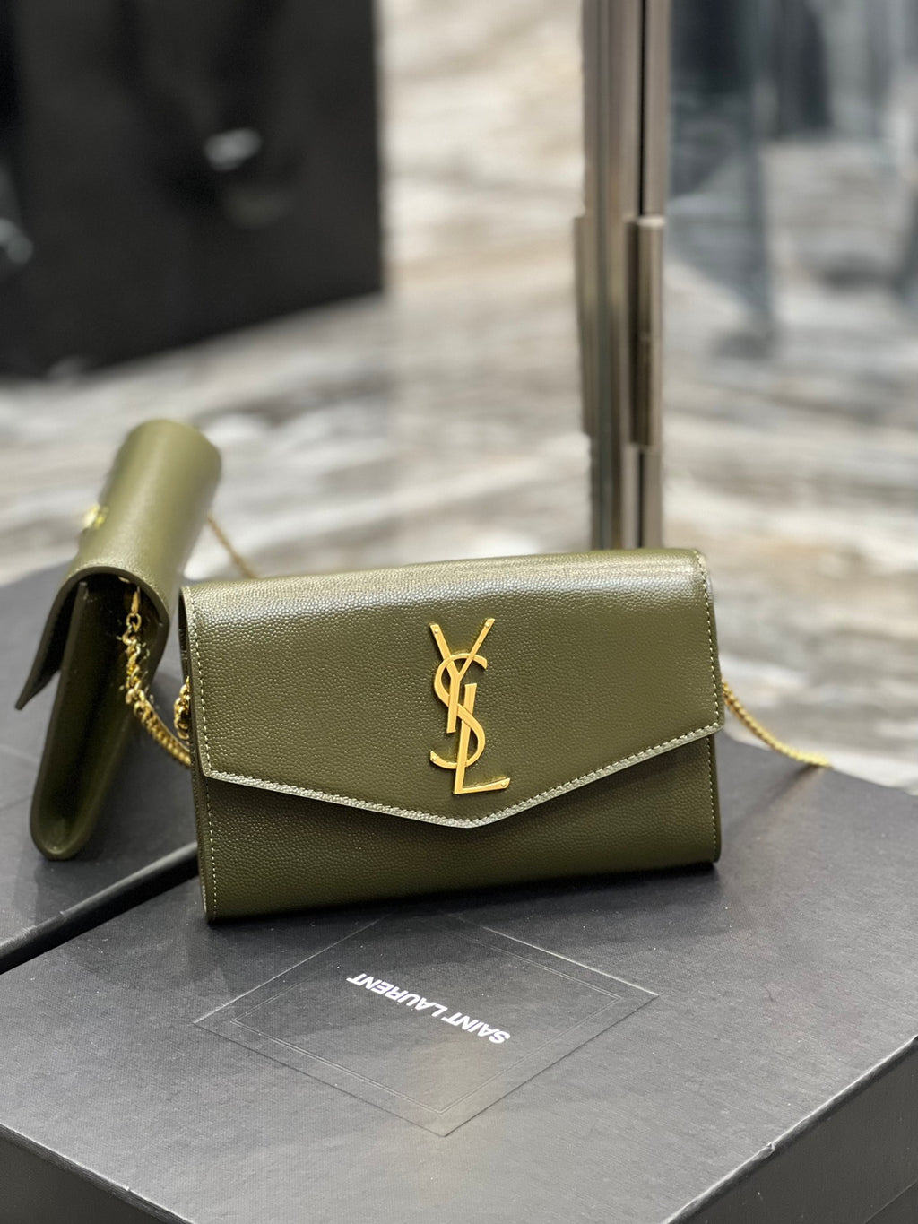 Saint Laurent (YSL) Cassandre Chain Wallet - Olive Green Leather