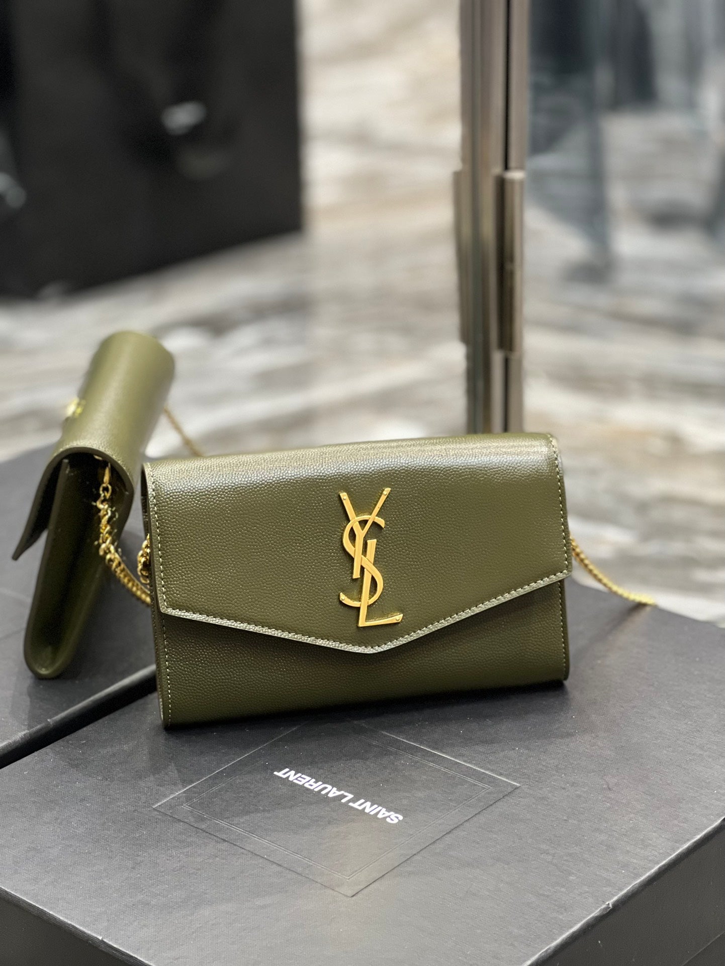 Saint Laurent (YSL) Cassandre Chain Wallet - Olive Green Leather