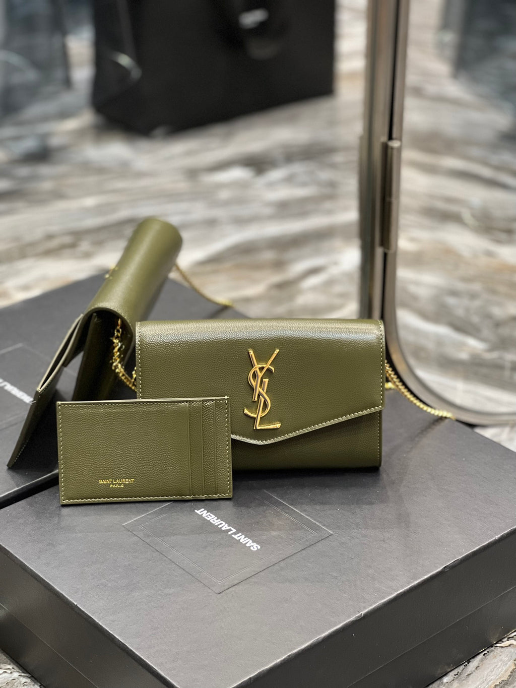 Saint Laurent (YSL) Cassandre Chain Wallet - Olive Green Leather