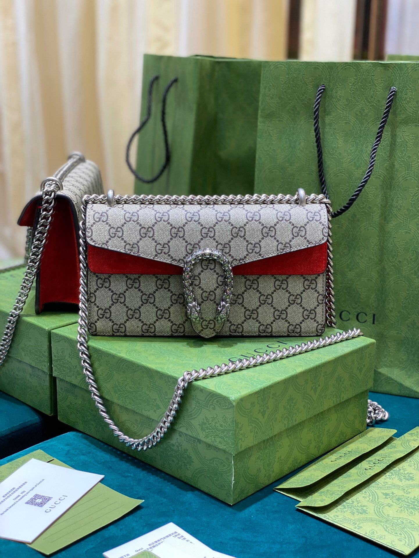 Gucci Dionysus GG Supreme Shoulder Bag - Red Suede & Canvas
