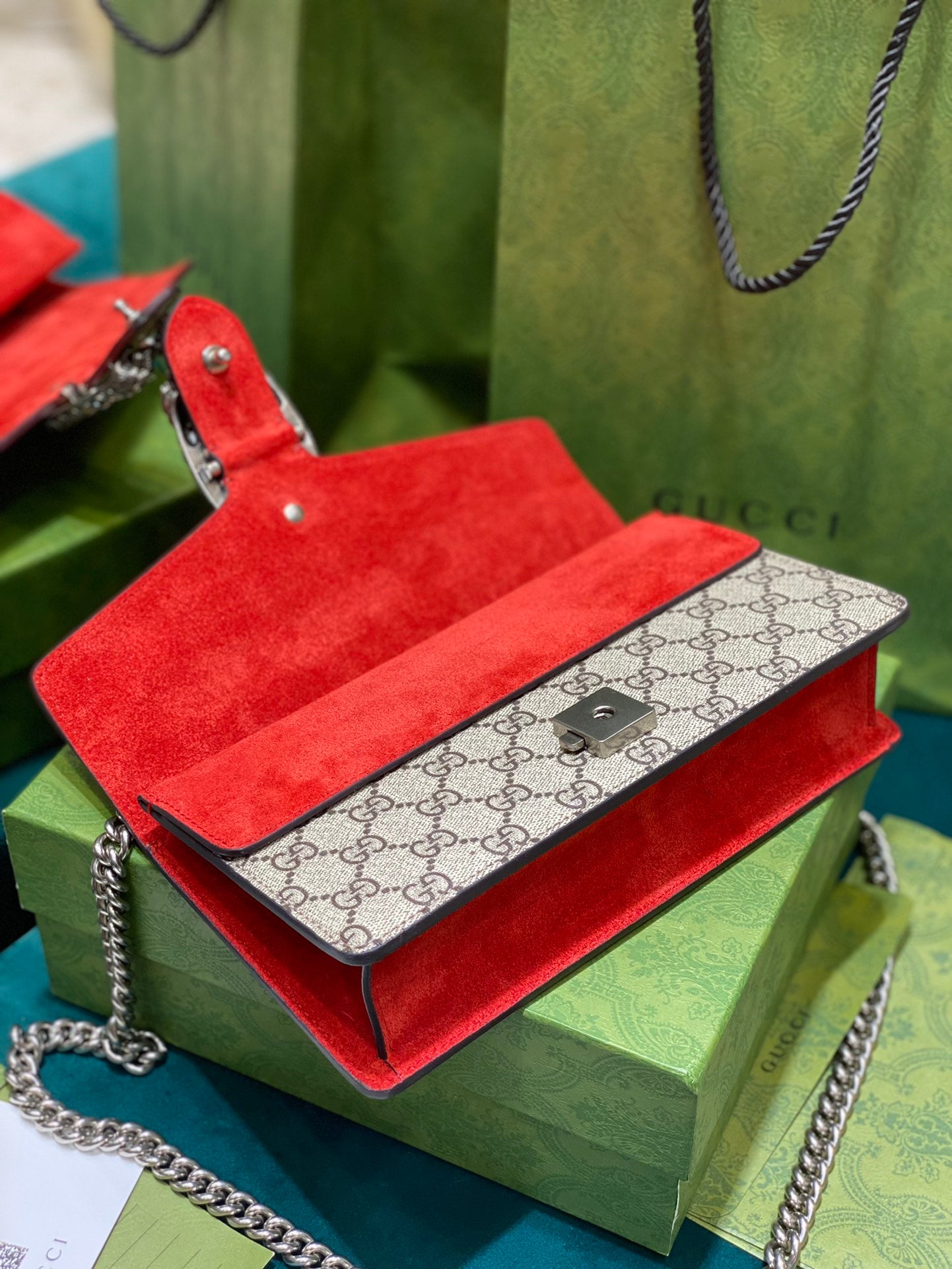 Gucci Dionysus GG Supreme Shoulder Bag - Red Suede & Canvas