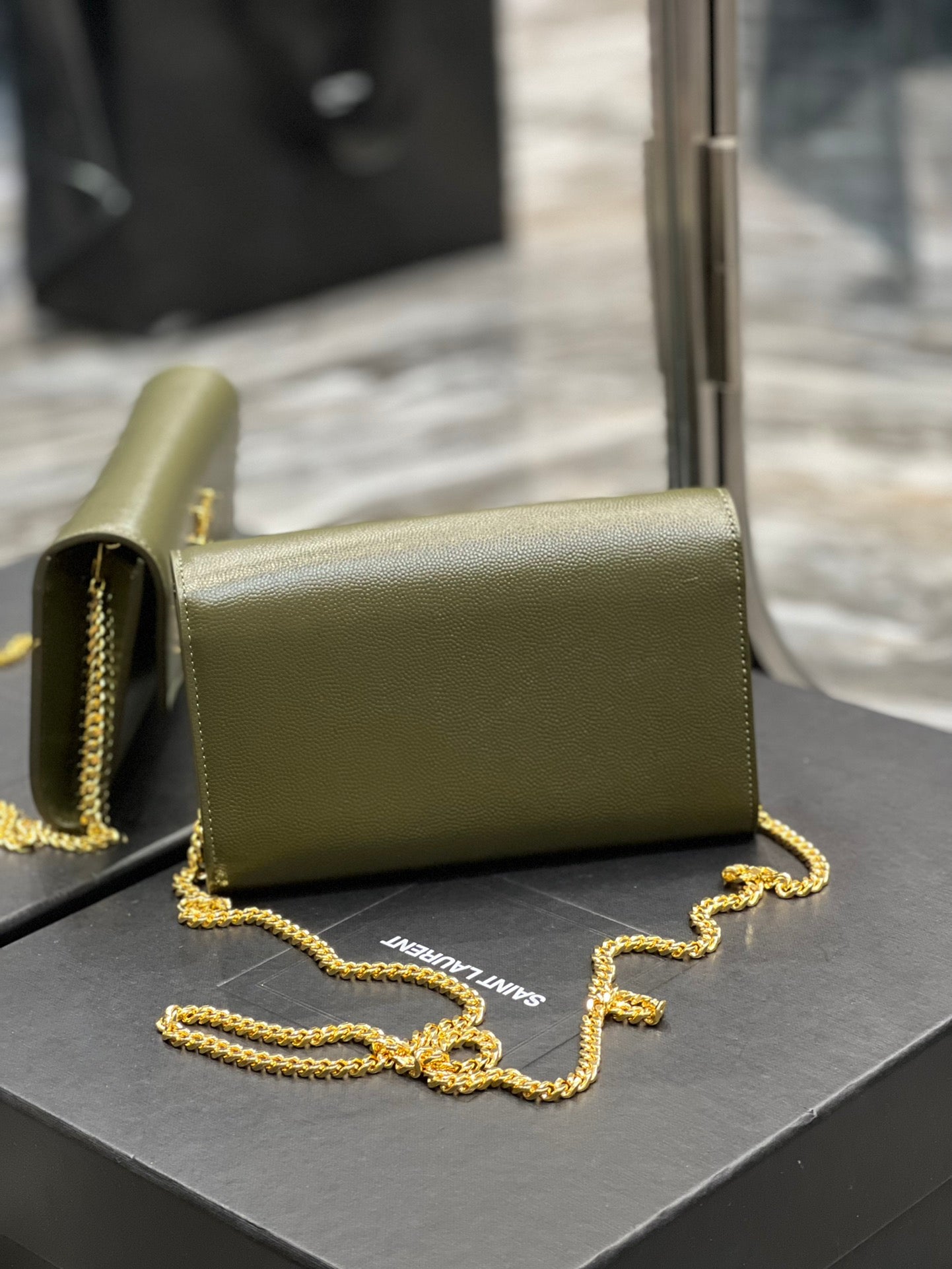 Saint Laurent (YSL) Cassandre Chain Wallet - Olive Green Leather