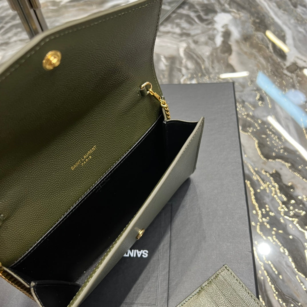 Saint Laurent (YSL) Cassandre Chain Wallet - Olive Green Leather