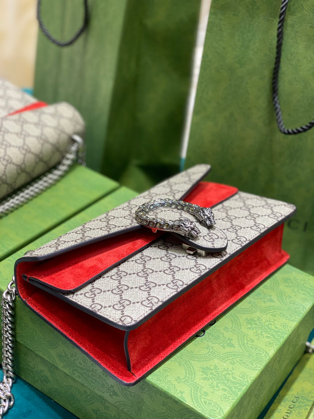 Gucci Dionysus GG Supreme Shoulder Bag - Red Suede & Canvas