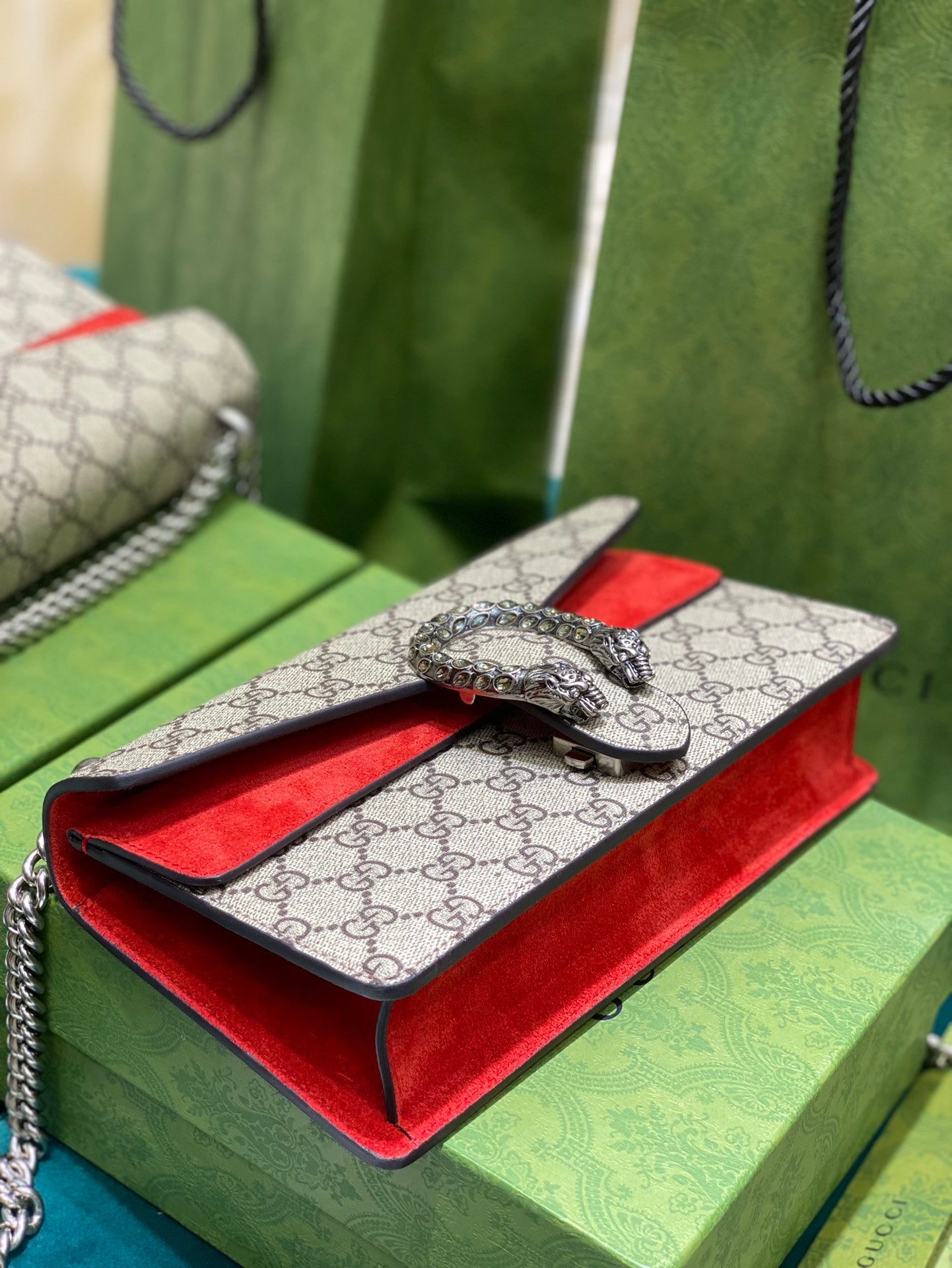 Gucci Dionysus GG Supreme Shoulder Bag - Red Suede & Canvas