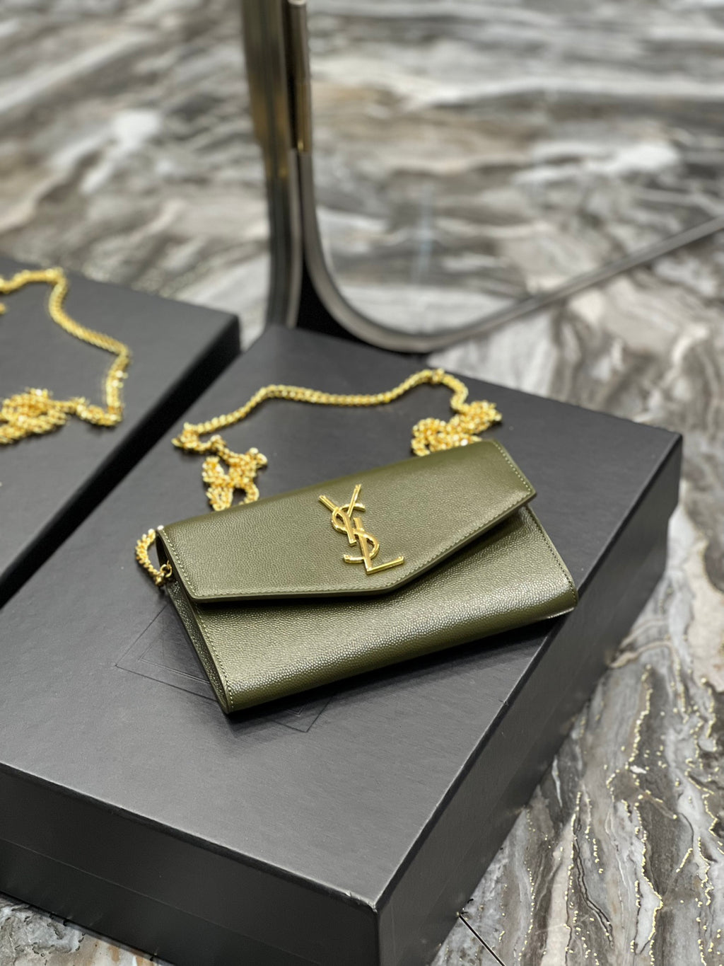 Saint Laurent (YSL) Cassandre Chain Wallet - Olive Green Leather