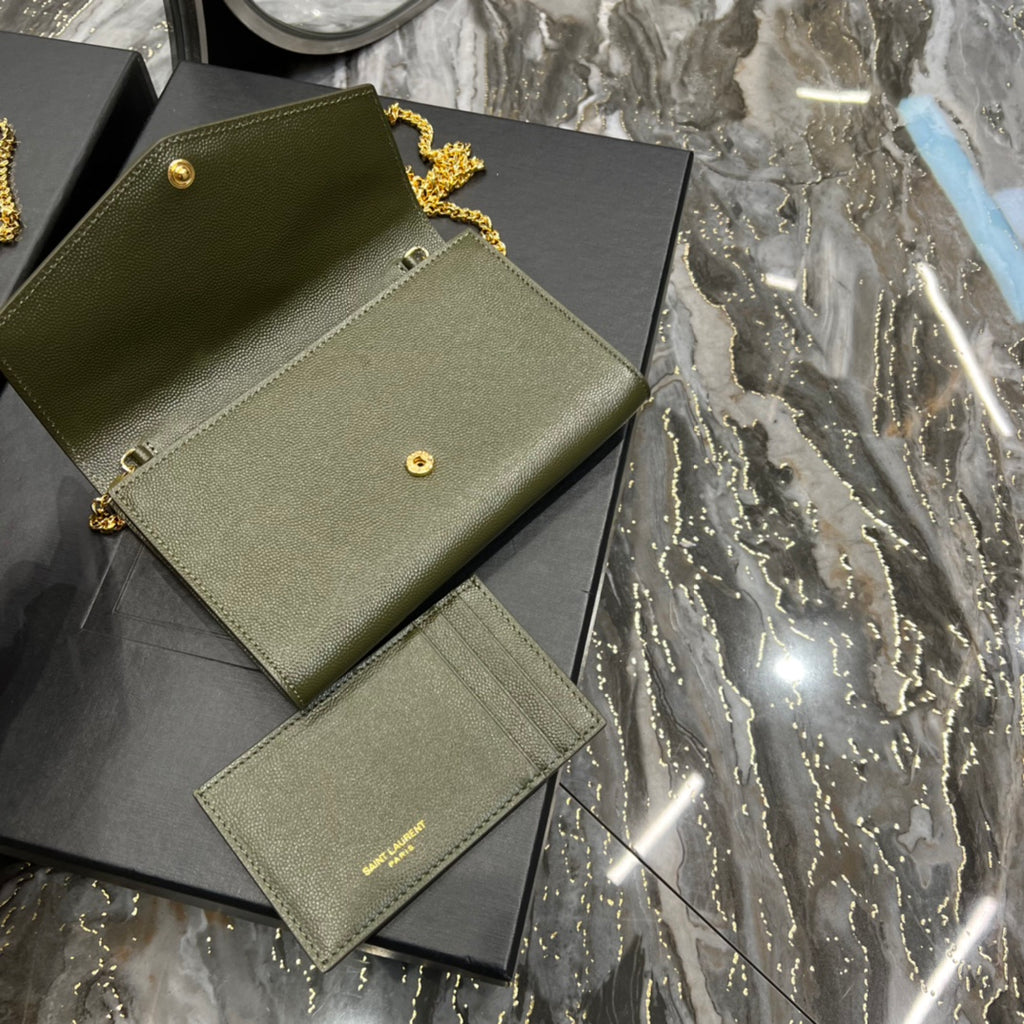 Saint Laurent (YSL) Cassandre Chain Wallet - Olive Green Leather