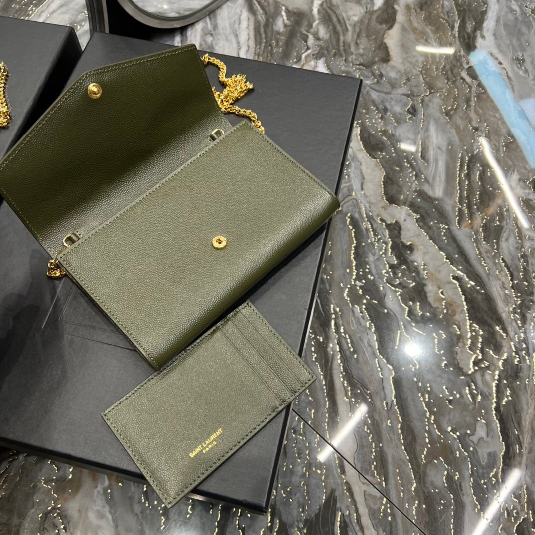 Saint Laurent (YSL) Cassandre Chain Wallet - Olive Green Leather